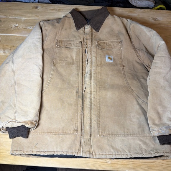 Vintage Carhartt CO3 BRN Brown Quilted Lined Distressed Chore Coat Men's Size XL